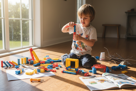 Child developing problem-solving skills through hands-on experimentation and building activities