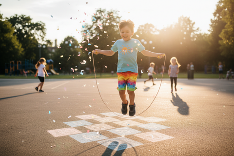 Child developing gross motor skills through active play and coordination games