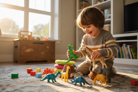 Child playing with dinosaur and animal toys - interest-based learning activities