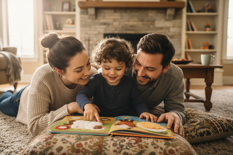 Child reading an interactive book with parents