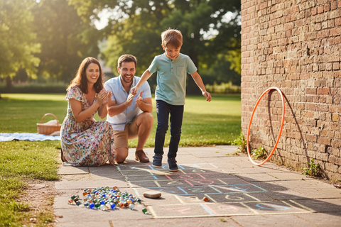 family playing hopscotch outside on a sunny day