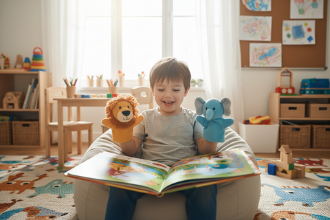 Preschool child playing with story puppets and interactive books - literacy development for 3-6 years