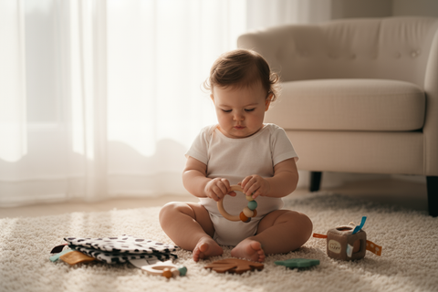Baby playing with sensory toys and soft books on cream blanket - developmental play for 0-18 months