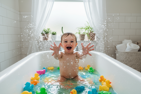 Toddler playing with bath toys and water activities - hands-on learning for 18 months to 3 years